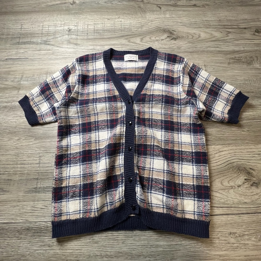 Christopher & Banks Cardigan Womens‎ M Navy Blue Plaid Short Sleeve Knit Sweater